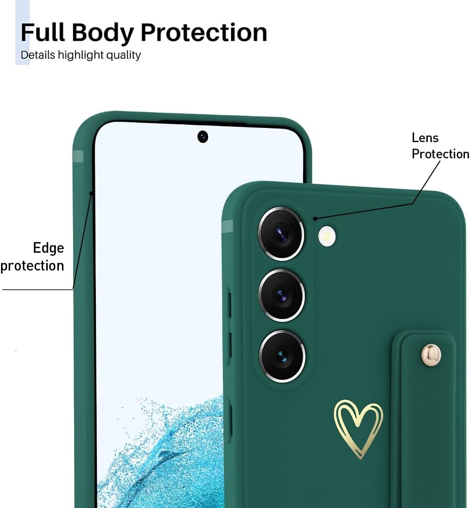 Funda compatible con Samsung Galaxy S23 para mujeres y niñas, bonito patrón de corazón dorado con soporte de mano para muñeca, delgada, de silicona