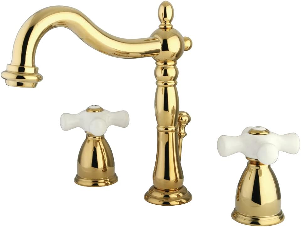 Kingston Brass KB1972PX Heritage Grifo de lavabo generalizado con mango cruzado de porcelana, latón pulido