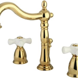 Kingston Brass KB1972PX Heritage Grifo de lavabo generalizado con mango cruzado de porcelana, latón pulido Kingston Brass KB1972PX Heritage Grifo de lavabo generalizado con mango cruzado de porcelana, latón pulido
