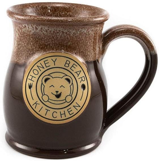HONEY BEAR KITCHEN Taza de cerámica hecha a mano con vientre alto (chocolate con esmalte de mármol blanco canela, 14 onzas)