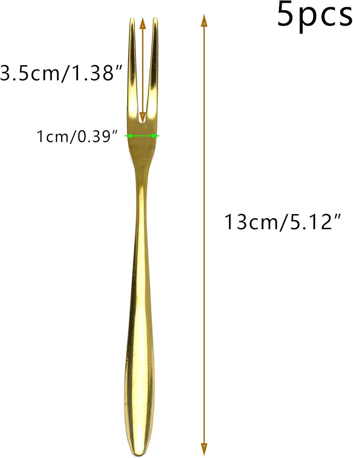 Curqia Tenedores de ensalada pequeños de acero inoxidable, tenedores dorados de 2 dientes para cóctel, aperitivo, fiesta de postres, 5 paquetes