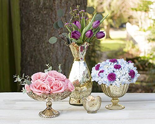 Compota de vidrio dorado, cuenco con base de pedestal, vidrio de mercurio, motivo de cuentas, centro de mesa para el hogar y la boda, decoración de