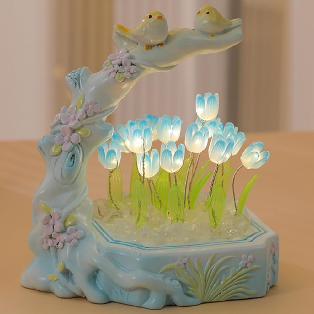Lámpara de tulipanes de pájaros y flores, lámparas de mesa de tulipanes con 16 flores, mesita de noche, escritorio, lámpara de flores para niñas,