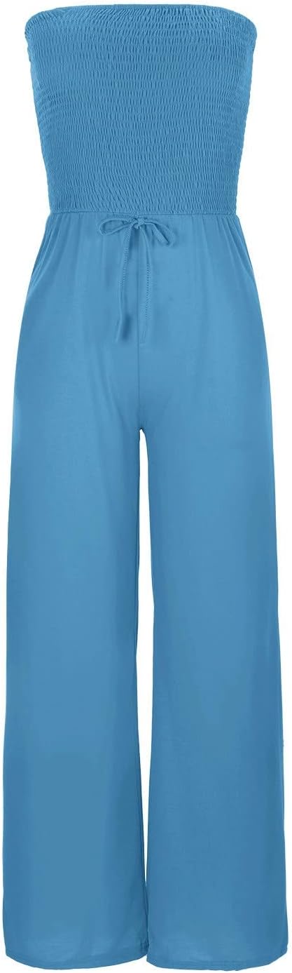 Enterizo de verano para mujer, sin tirantes, con hombros descubiertos, con cordón, pierna ancha, pantalones largos
