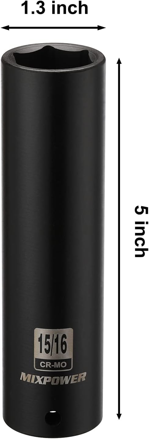 MIXPOWER 12″ Dr. x 1516 pulgadas Extra Long Deep Impact Socket, 6 puntos, acero de aleación Cr-Mo, 5 pulgadas de largo, 1516 pulgadas