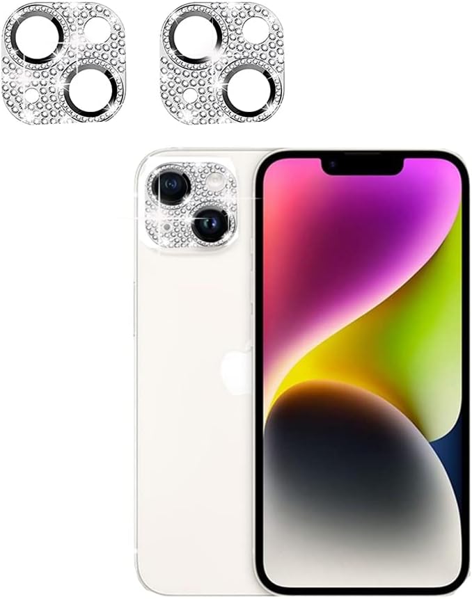 Paquete de 2 2 en 1 Protector de lente de cámara de cristal brillante cubierta de lente de metal con purpurina + protector completo de pantalla de