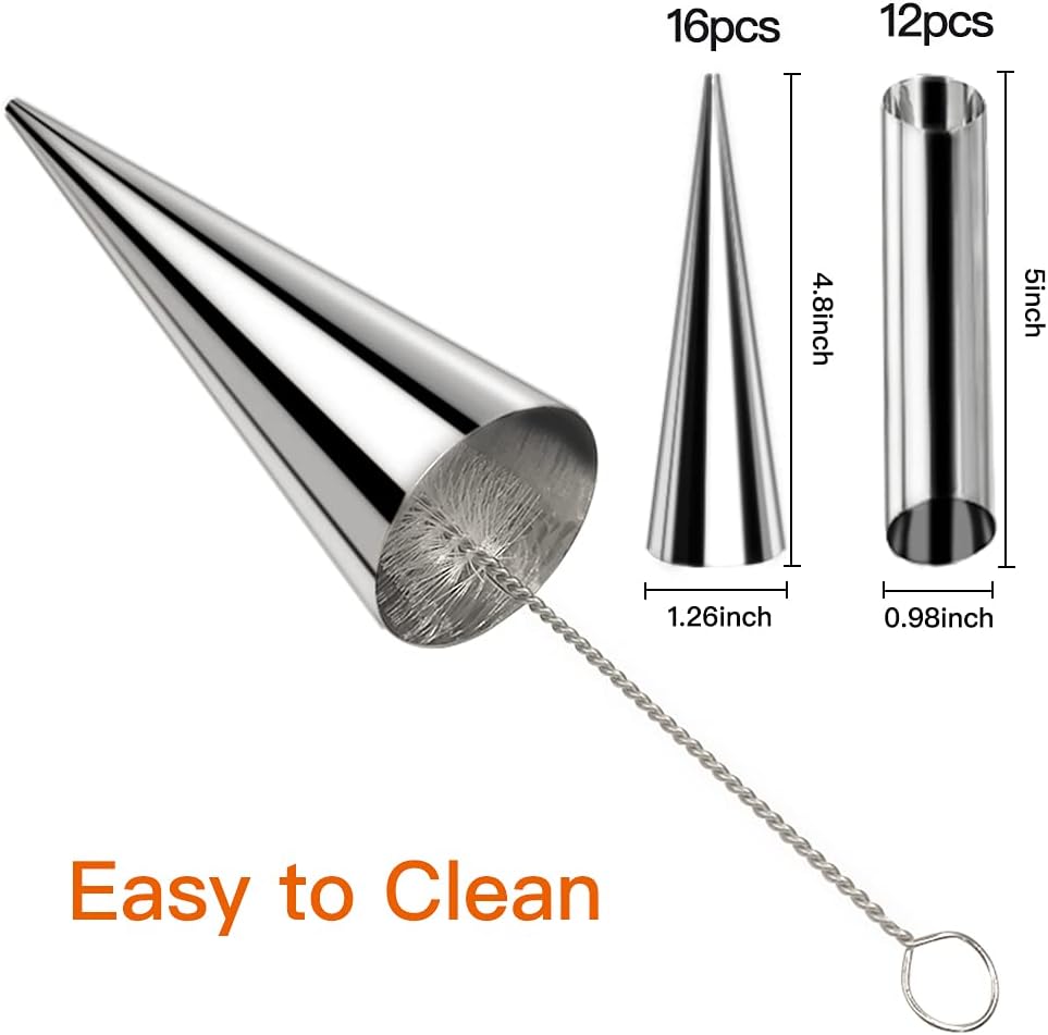 Juego de 35 tubos de forma de canoli, molde de cuerno crema, acero inoxidable antiadherente, 16 piezas en forma de cono y 12 moldes para hornear en