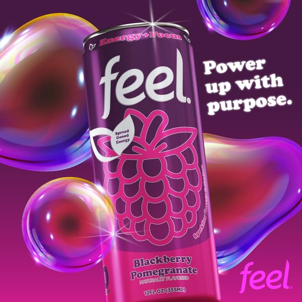 FEEL Zero Sugar – Bebidas energéticas naturales, granada de mora espumosa, bebidas energéticas saludables, L-teanina para la concentración, vitamina