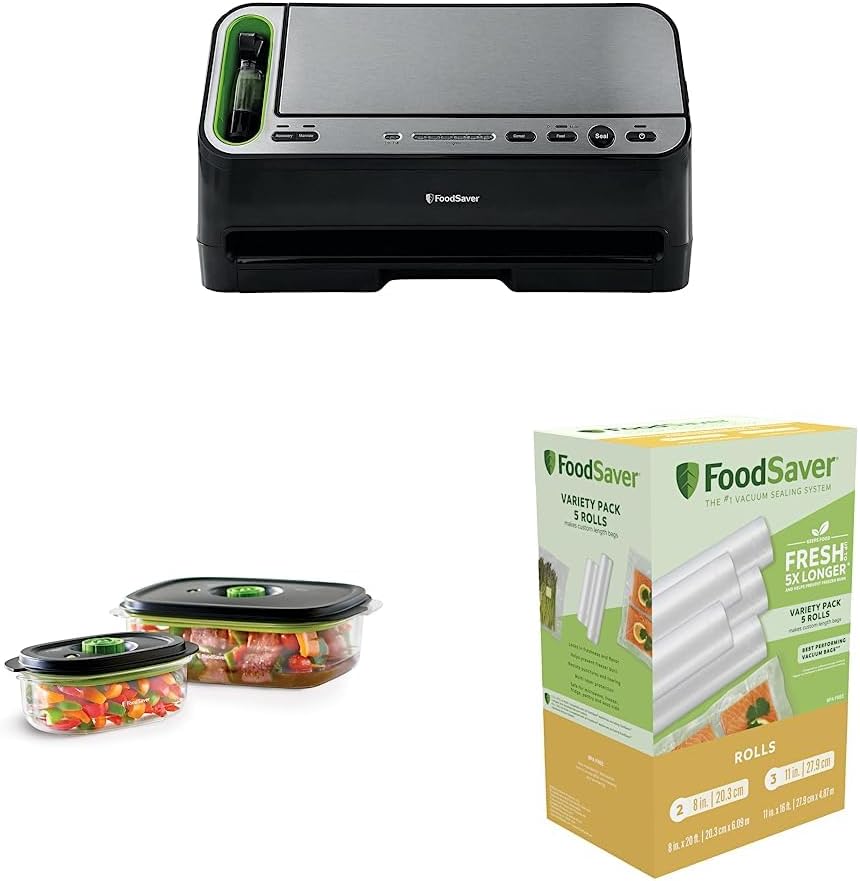 FoodSaver V4400 – Máquina selladora al vacío 2 en 1, color negro y plateado y 2116382 Aspiradora para conservar y marinar, transparente (conteo 2) y