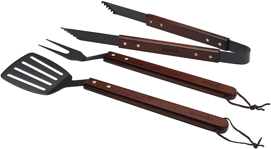 Nexgrill Juego de herramientas de 3 piezas con asas de madera, incluye espátula, palo para asar y pinzas de alta resistencia, acero antiadherente,