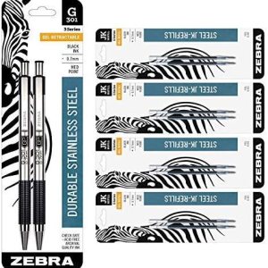 Zebra Pen G-301 Bolígrafo de gel retráctil de acero inoxidable, punta media, 0.028in, tinta negra, paquete de 2 unidades con 8 recambios de Zebra Pen G-301 Bolígrafo de gel retráctil de acero inoxidable, punta media, 0.028in, tinta negra, paquete de 2 unidades con 8 recambios de