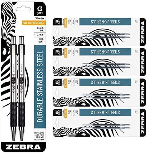 Zebra Pen G-301 Bolígrafo de gel retráctil de acero inoxidable, punta media, 0.028in, tinta negra, paquete de 2 unidades con 8 recambios de