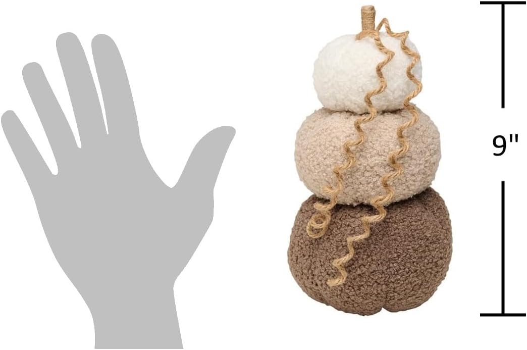 Trío de calabazas apiladas de sherpa moca con acento de yute, decoración de otoño para el hogar, decoración de otoño de mesa de calabaza, decoración