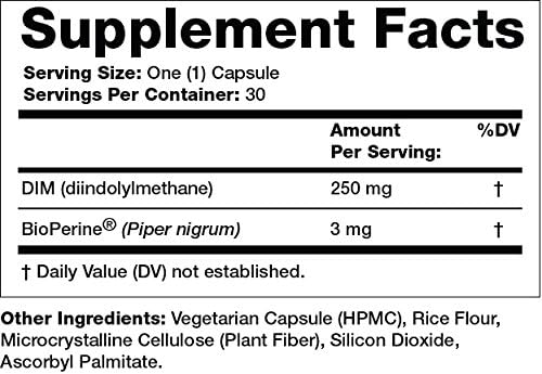 Olympian Labs DIM Suplemento 250mg – DIM Diindolylmetano Plus BioPerine 30 Cápsulas Suministro de DIM para equilibrio de estrógenos, alivio de la