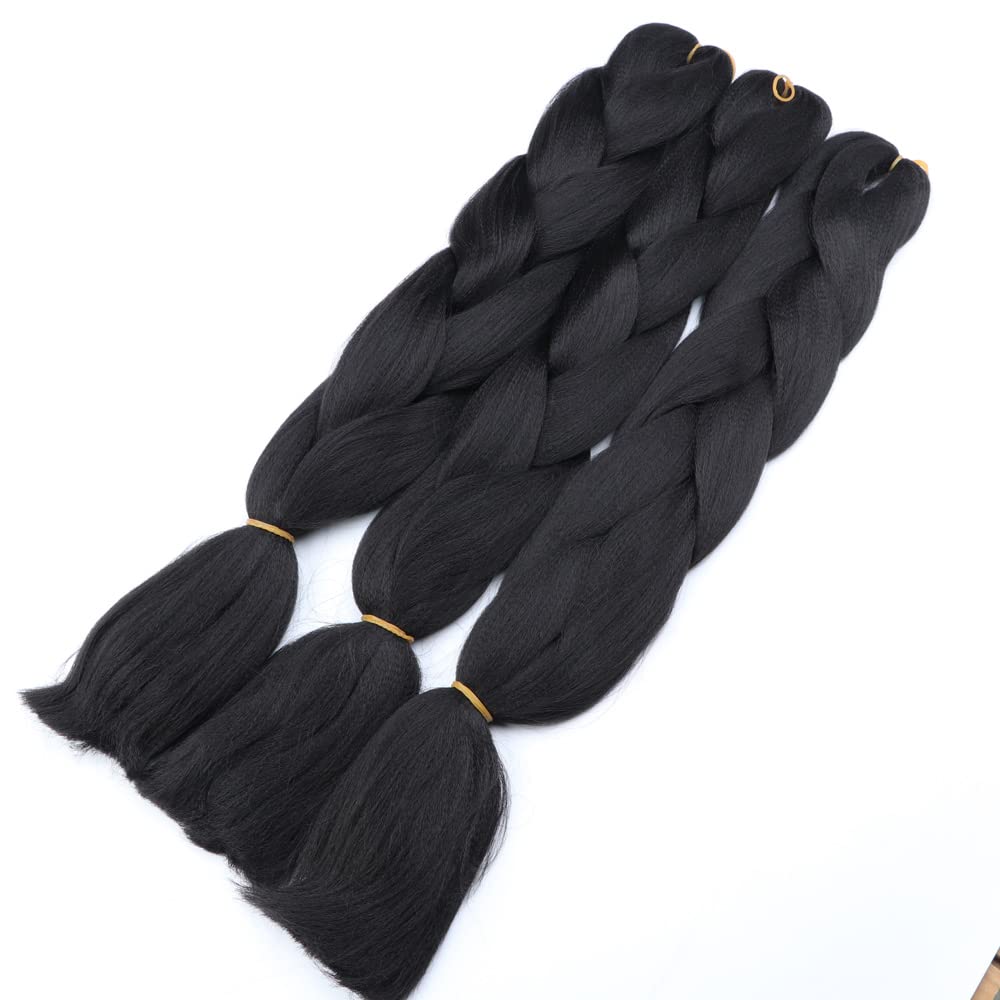 Extensiones de cabello de trenzas jumbo, 3 unidades, color negro puro, 24 pulgadas, 3.53 ozunidad para trenzado de caja torcida (1B negro)