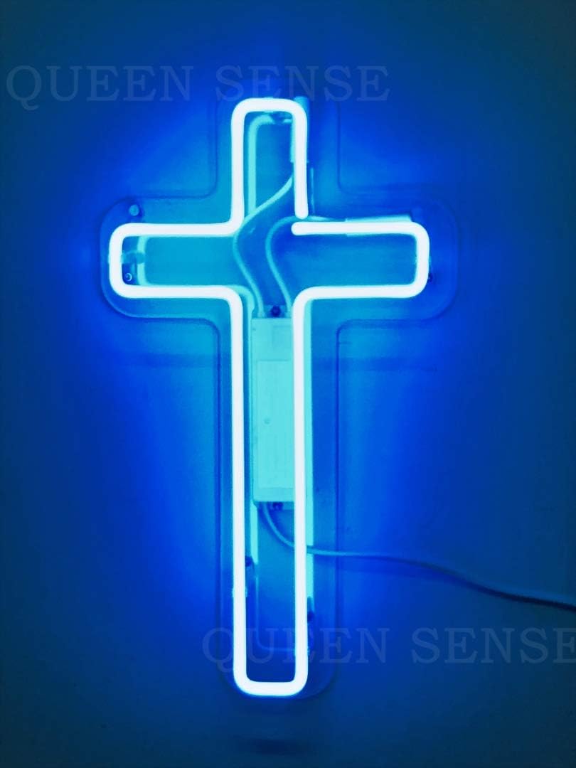 Queen Sense 14 “Jesús Cruz azul neón signo luz decorado acrílico panel hecho a mano cerveza bar pub hombre cueva lámpara UT159