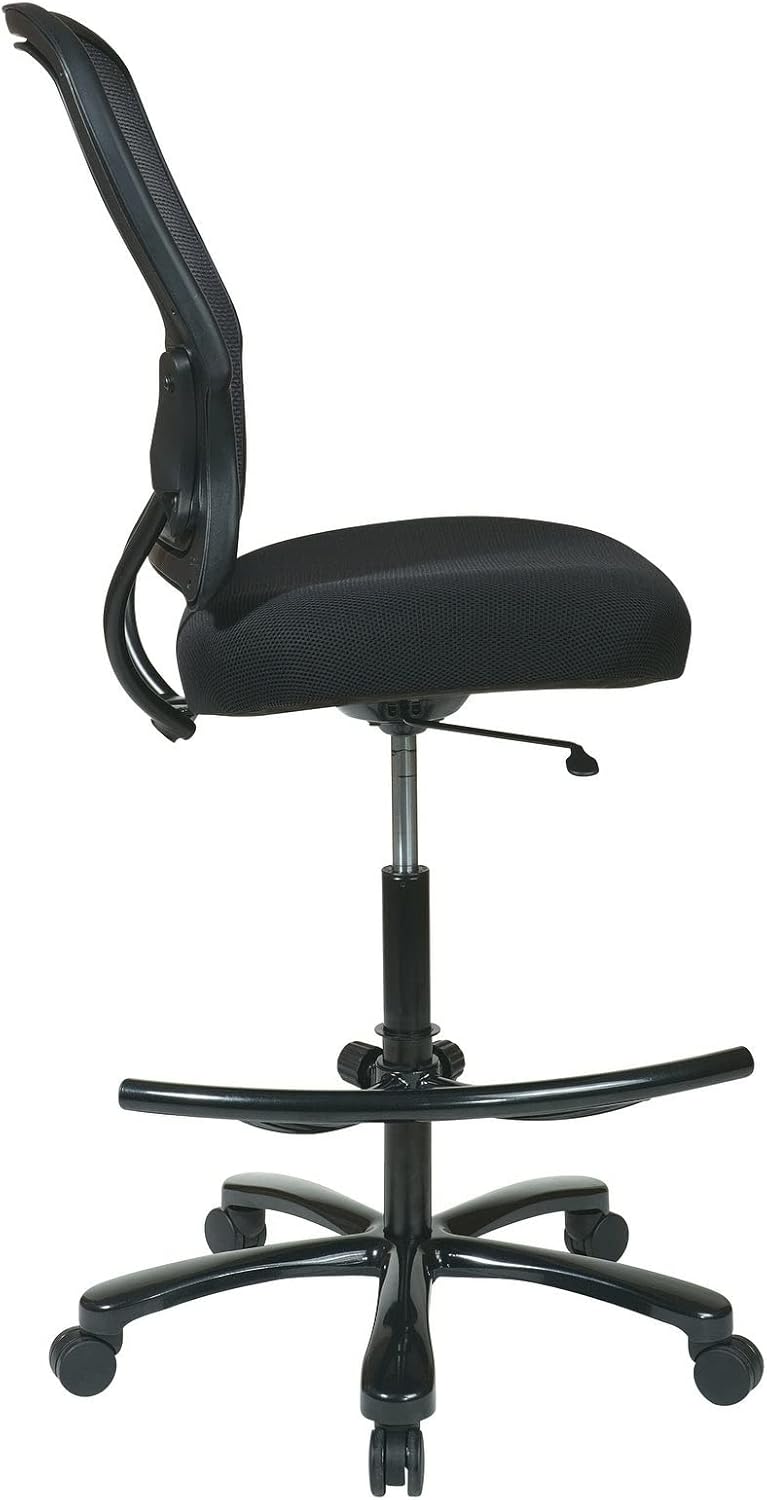 SPACE Seating Respaldo AirGrid de doble capa grande y alto con asiento de malla, reposapiés ajustable y base con acabado plomizo, negro