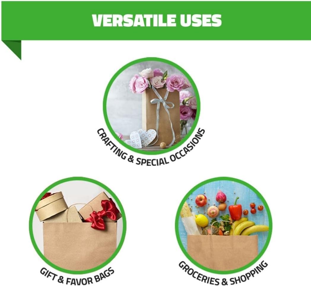 Bolsas de papel kraft marrón a granel con asas (250 piezas) de 5.75 x 3.25 x 8.5 pulgadas, perfectas para compras, comestibles, regalos, bodas,