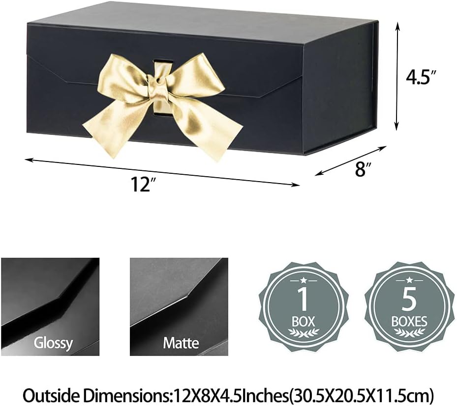 Caja de regalo negra grande, 12 x 8 x 4.5 pulgadas, caja de regalo grande con cinta, caja de regalo negra con tapa de cierre magnético, caja de