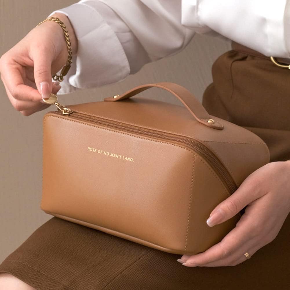 Bolsa de cosméticos de viaje de gran apertura, bolsa de maquillaje de piel sintética, bolsa de maquillaje de viaje portátil para mujer con asa y