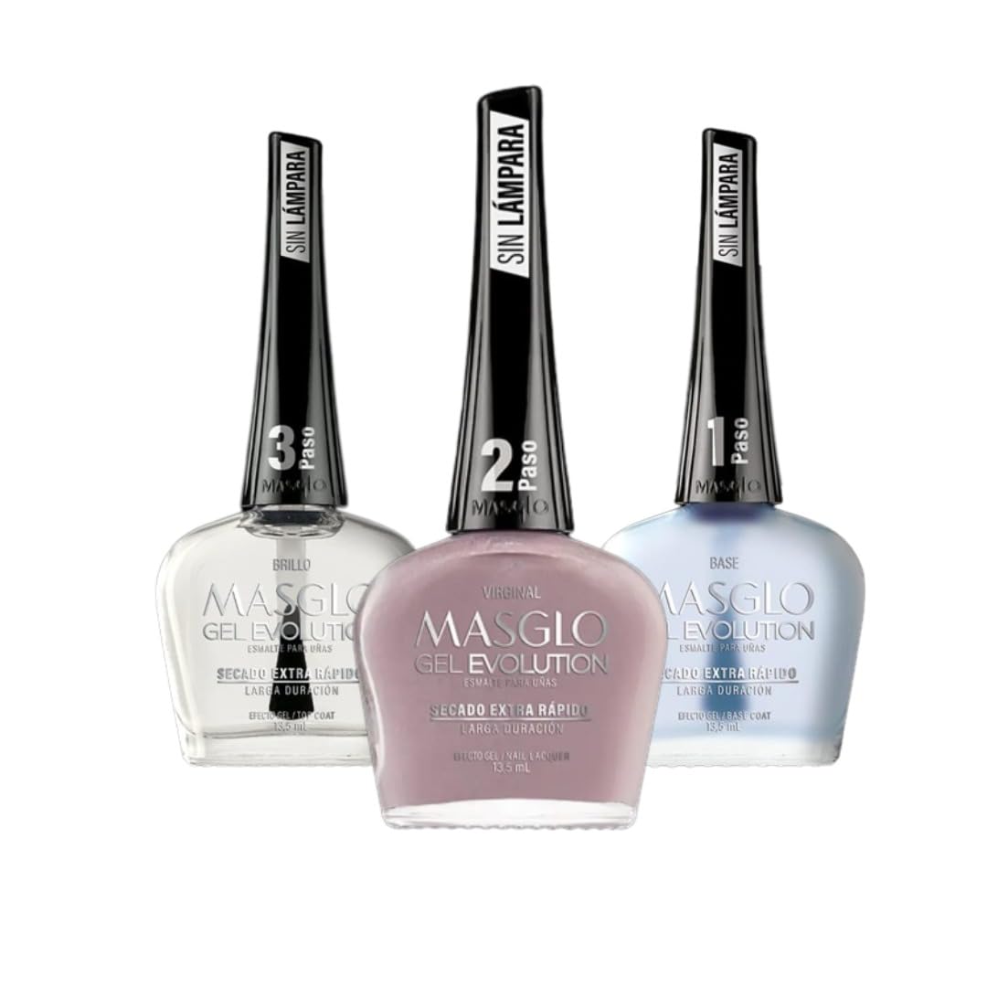 MASGLO GEL EVOLUTION – Esmalte de uñas efecto gel sin lámpara LED, duración hasta 12 días, 3 unidades, base, esmalte virgen, brillo – Efecto Gel sin