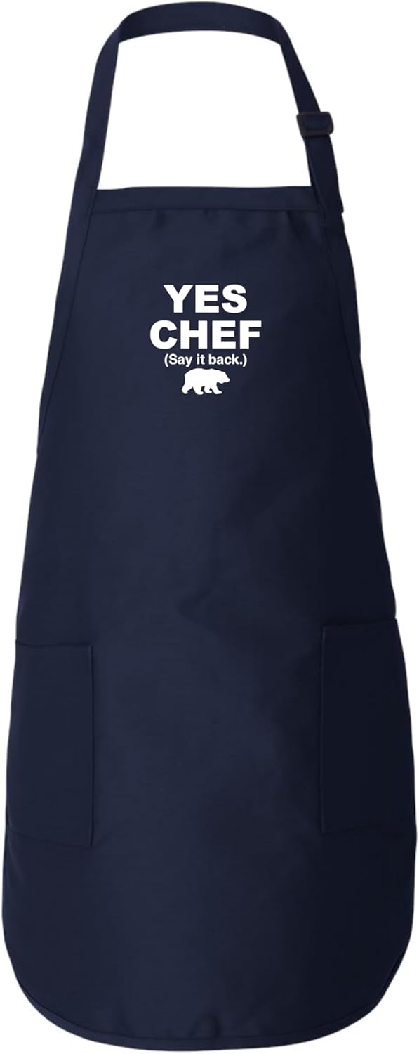 Freedomtees Yes Chef (Ssay it back) – Delantal con diseño de oso divertido, delantal de longitud completa con bolsillos, Azul