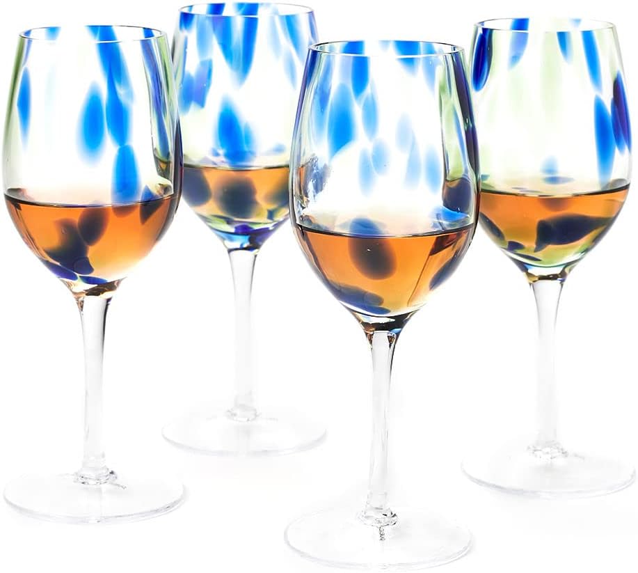 Juego de copas de vino de cobalto y confeti verde con rosa azul