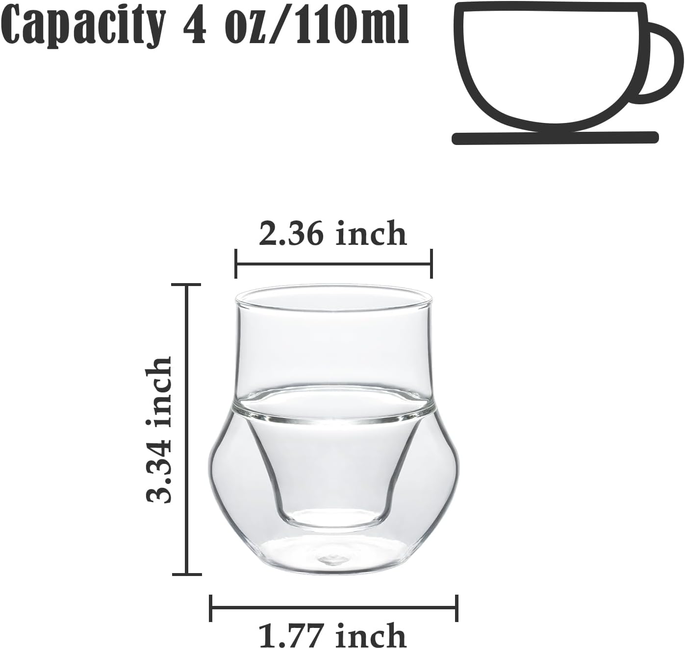 Koythin Taza de café de vidrio de doble pared, taza de café expreso, tazas aisladas transparentes de doble capa, taza de vino de 4 onzas para té con