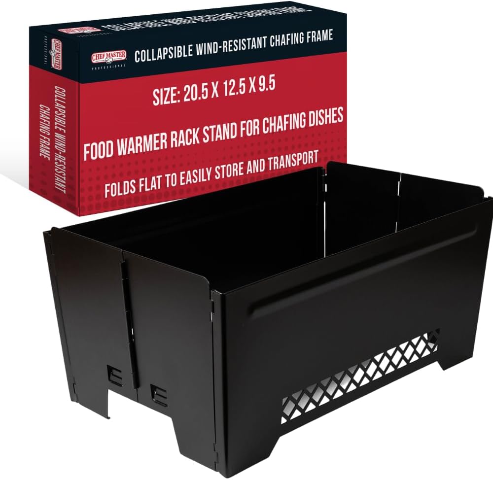 Chef Master 90253 – Soporte para calentador de alimentos, soporte de aluminio y calentador para alimentos, marco plegable resistente al viento, mesa
