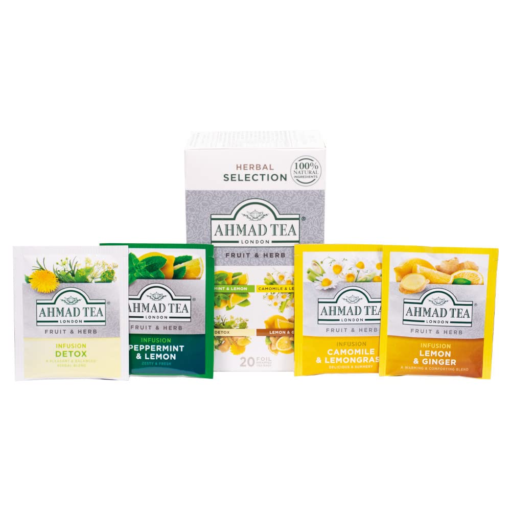 Ahmad Tea Té de hierbas, selección de frutas y hierbas, 4 tés de menta y limón, manzanilla y citronela, limón y jengibre, y bolsitas de té