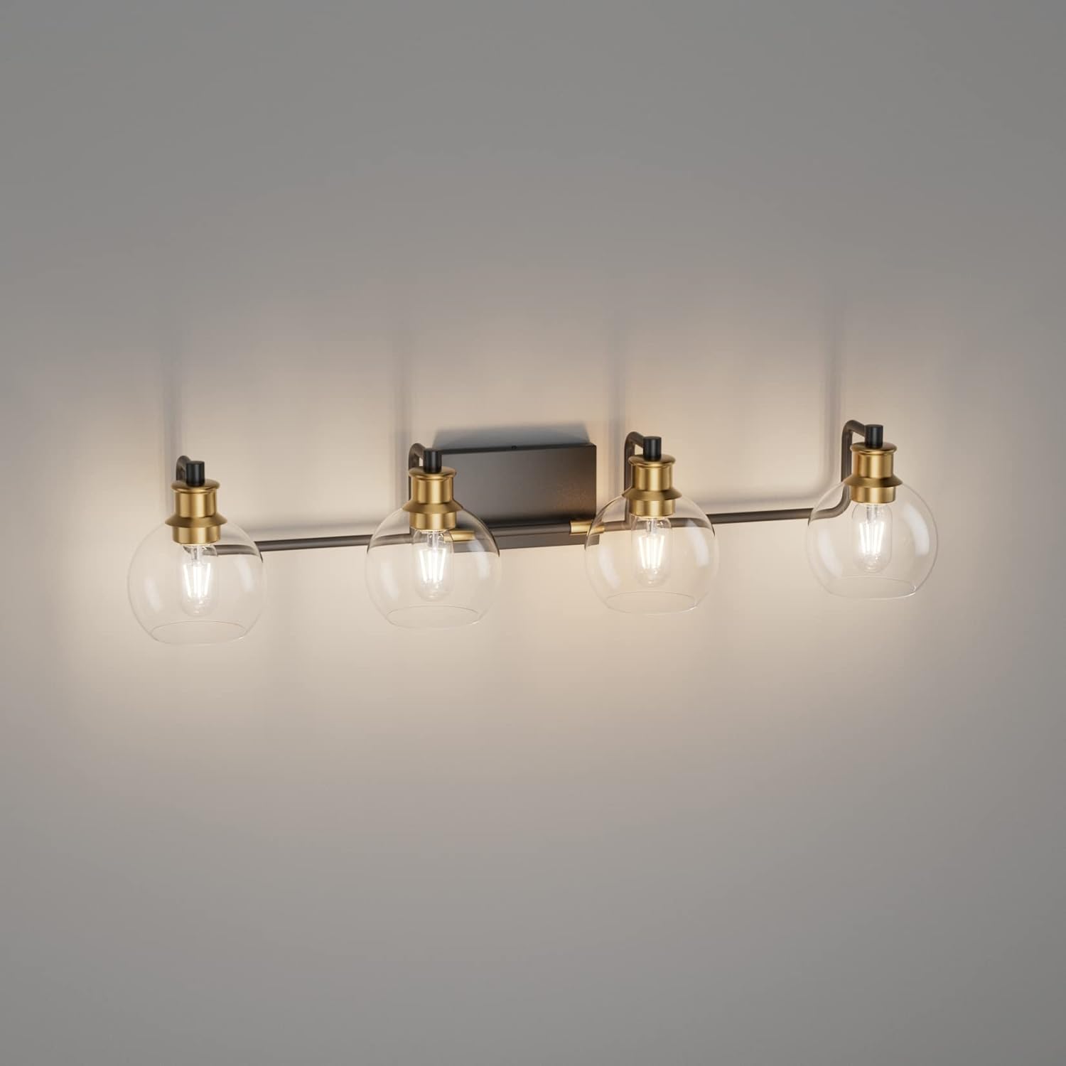 Tipace Lámparas industriales para tocador de baño, 4 luces, acabado vintage negro y dorado con globo de vidrio transparente, iluminación de baño de