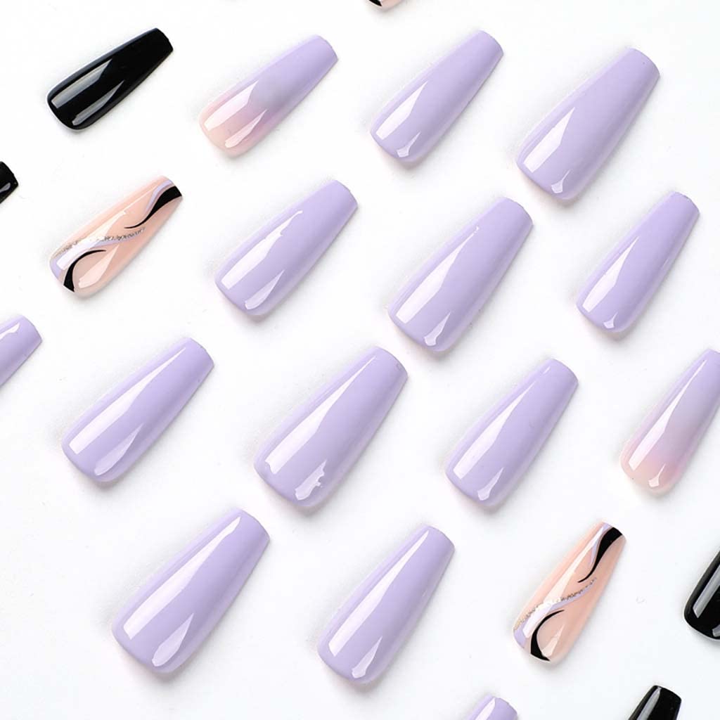 RikView Uñas postizas largas a presión con forma de ataúd, uñas acrílicas negras, uñas postizas moradas, uñas brillantes para mujeres y niñas