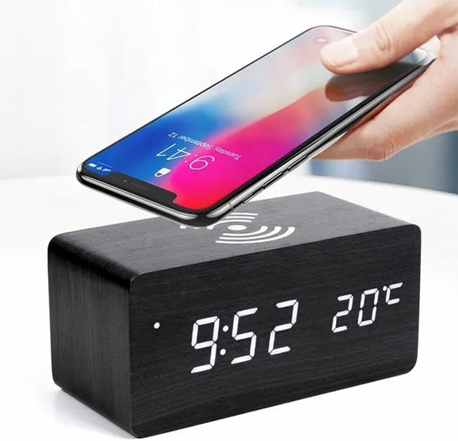 Reloj despertador digital, pantalla LED electrónica de madera, 3 ajustes de alarma, carga inalámbrica de 18 W, día de la semana, detección de