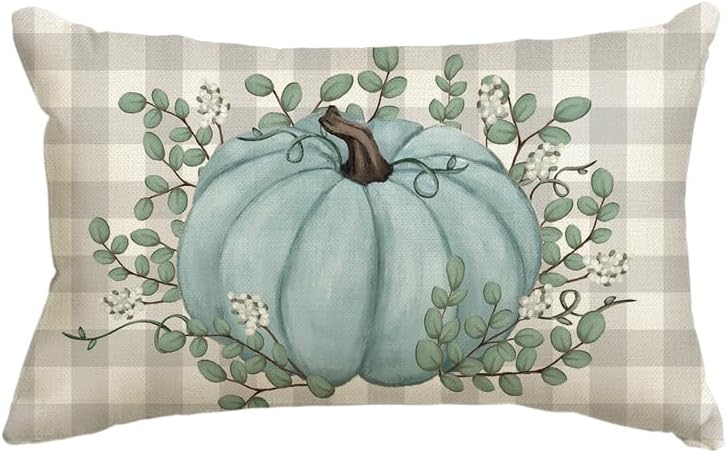 AVOIN colorlife Funda de almohada de hojas de eucalipto de calabaza verde azulado de 12 x 20 pulgadas, decoración de otoño y otoño, cosecha de