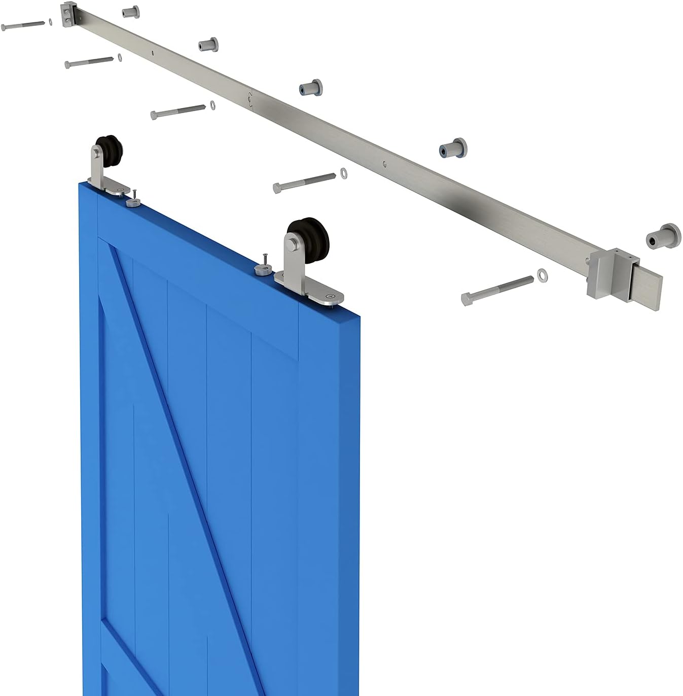 JUBEST Kit de herrajes para puerta corrediza de granero de níquel cepillado de 6 pies, kit de riel plano de rodillo para colgar suave y