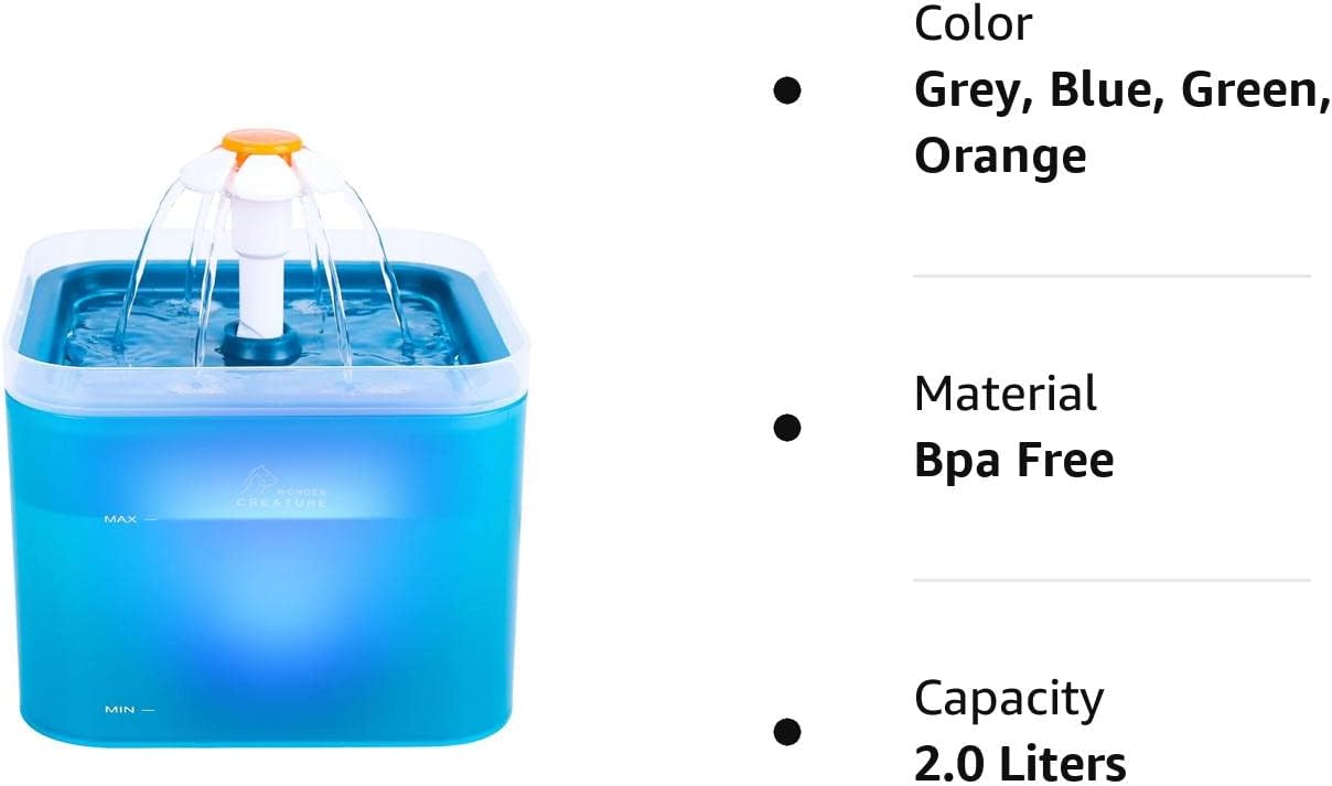 Fuente de agua para gatos, fuente automática de agua para gatos de 67 oz2 L, fuente de agua para mascotas con luz LED y filtro para gatos y perros