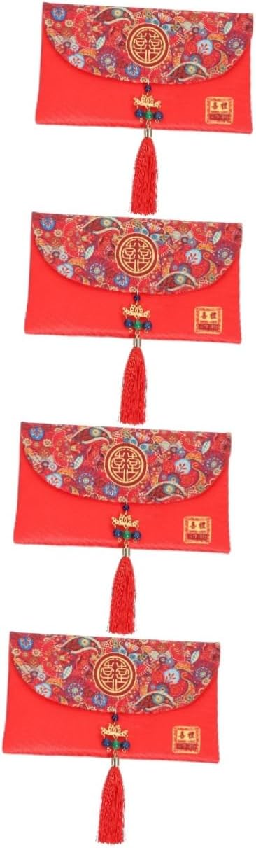 Abaodam 4pcs Gift Bag Chinese Hong Bao Silk Red Envelopes Money Wraps Sobres Para Red Money Bags Cash Pockets Decorative Envelopes Chinese Wedding