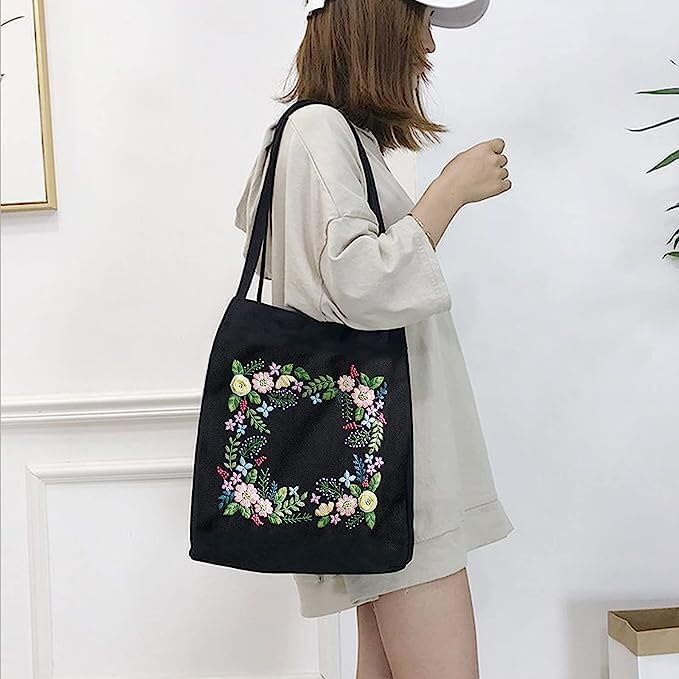 Kits de bolsas bordadas estampadas con patrón de flores coloridas, aros, hilos, costura, arte, reutilizable, almacenamiento, bolsa de lona, kits de