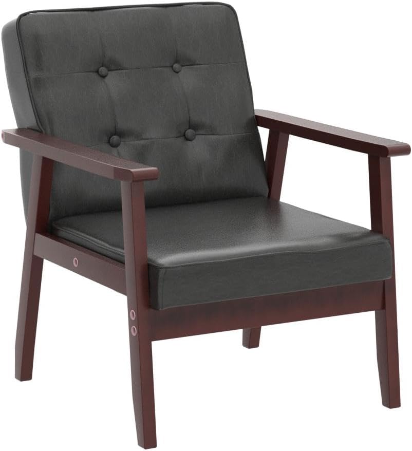 Okeysen Silla decorativa moderna de mediados de siglo, silla auxiliar retro de madera y cuero, cómoda silla de lectura para sala de estar,
