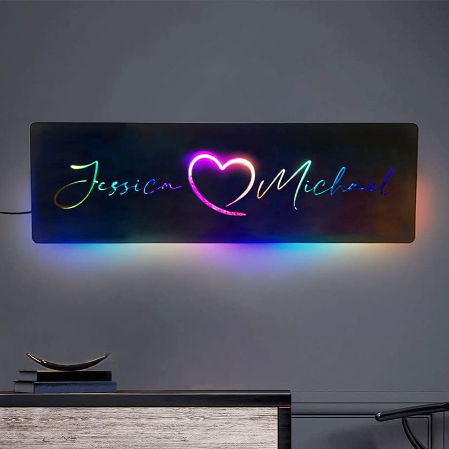 Luz nocturna personalizada con nombre de pareja colorido con nombre LED, 2 nombres, luces de neón, letrero de nombre para colgar en la pared, espejo