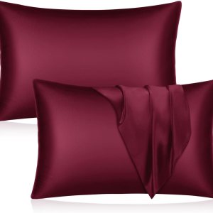 YUHX Juego de 2 fundas de almohada de satén de seda para cabello y piel, color burdeos, tamaño estándar, fundas de almohada suaves y sedosas con YUHX Juego de 2 fundas de almohada de satén de seda para cabello y piel, color burdeos, tamaño estándar, fundas de almohada suaves y sedosas con