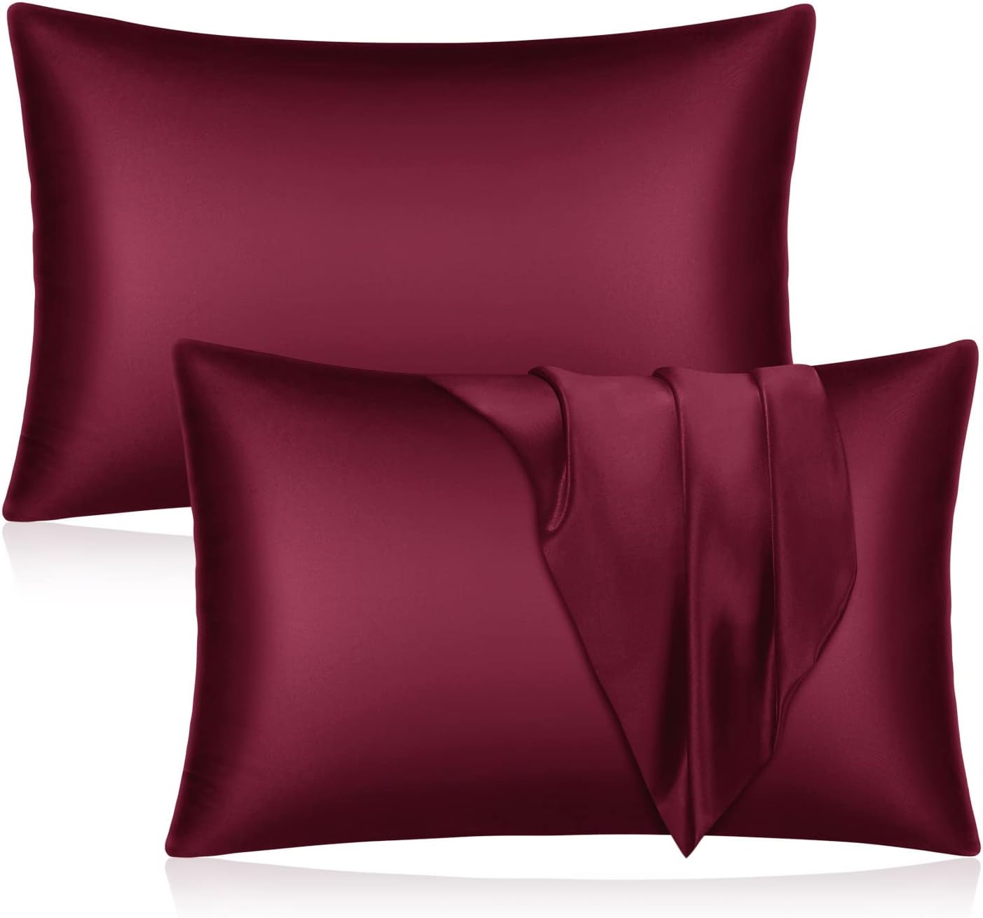 YUHX Juego de 2 fundas de almohada de satén de seda para cabello y piel, color burdeos, tamaño estándar, fundas de almohada suaves y sedosas con