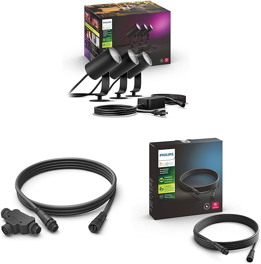 Philips Hue White and Color Ambiance Lily – Kit de base para exteriores y cable de 8 pies y conector en T y extensión de cable de 16 pies para