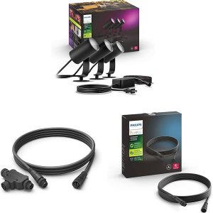 Philips Hue White and Color Ambiance Lily – Kit de base para exteriores y cable de 8 pies y conector en T y extensión de cable de 16 pies para Philips Hue White and Color Ambiance Lily – Kit de base para exteriores y cable de 8 pies y conector en T y extensión de cable de 16 pies para