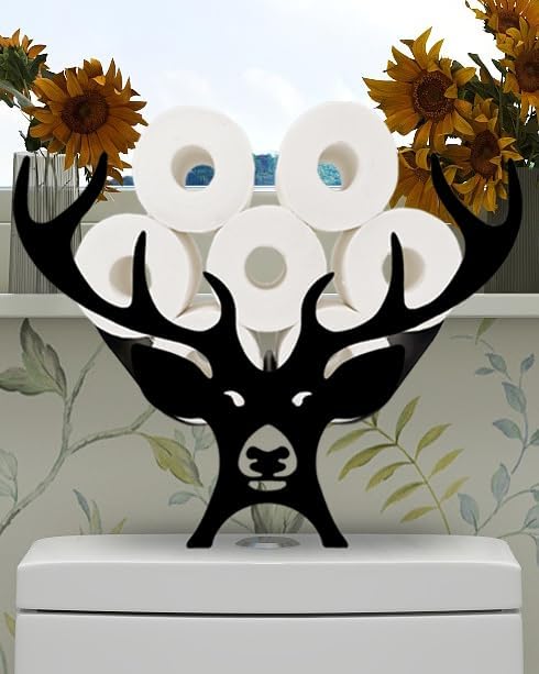 Antler – Soporte para rollo de papel higiénico de animales, soporte de metal negro para 8 rollos, estante de almacenamiento de rollos de papel,