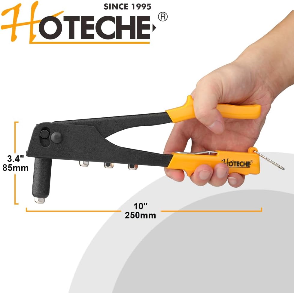 Hoteche Juego de pistola remachadora 4 en 1 de alta resistencia de 10.5 pulgadas, adecuado para metal, plástico y cuero con 60 remaches – 332