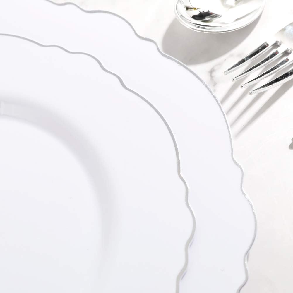 WDF – 125 platos cuadrados negros de plástico con borde dorado y cubiertos desechables dorados, vajilla de plástico que incluye 25 platos de cena de