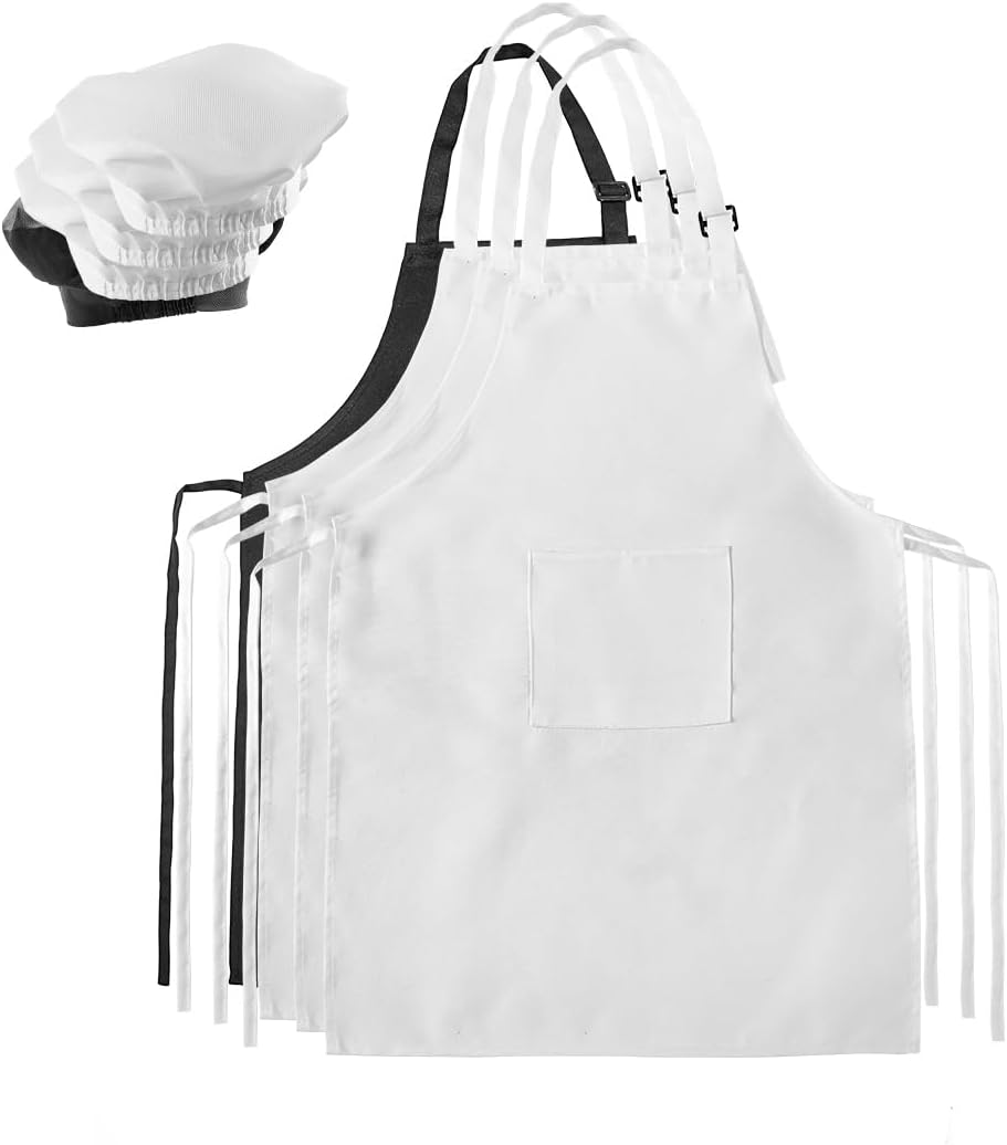4 piezas de sombrero y delantal de chef para niños, delantales de cocina para niños incluyen 3 delantales blancos y 1 negro con sus sombreros,