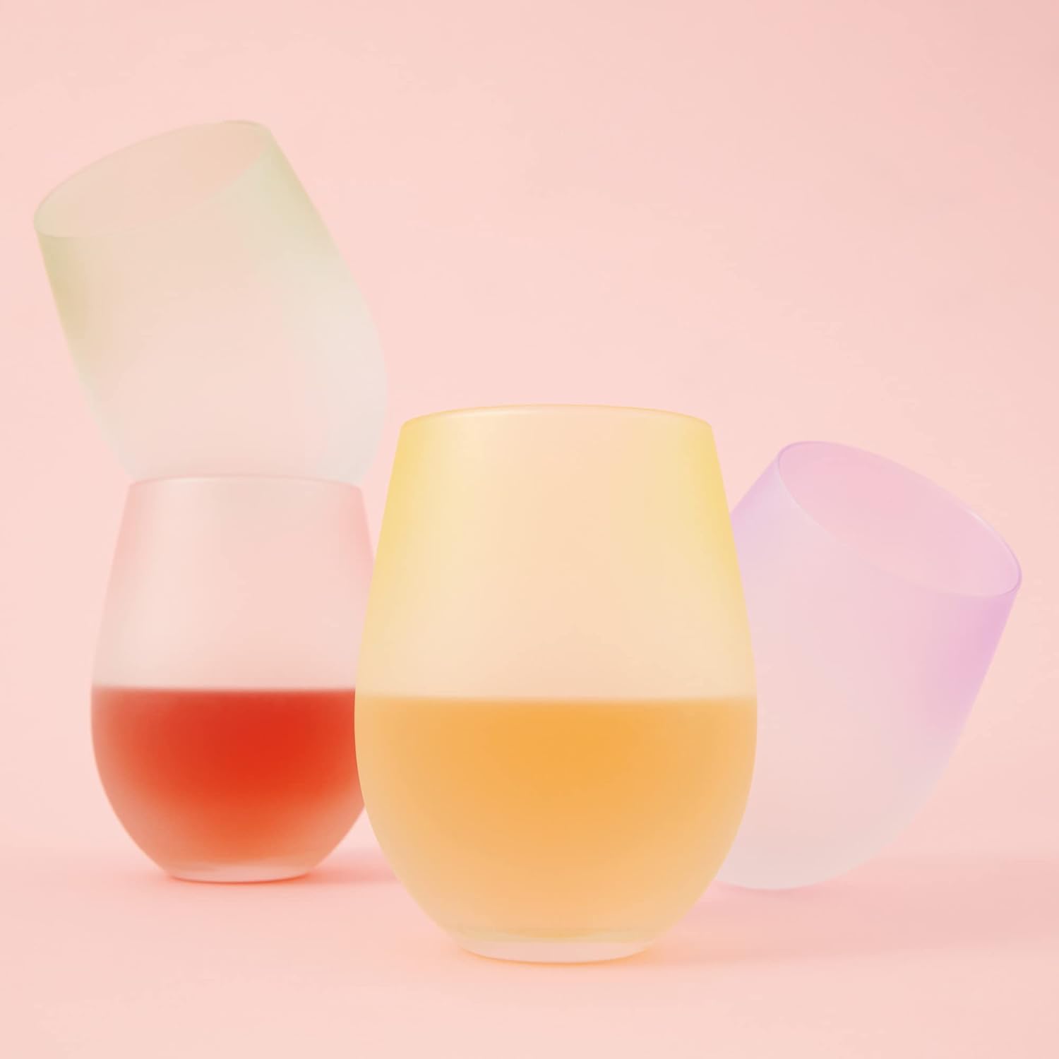 Blush Copas de vino esmeriladas sin tallo en rosa, morado, amarillo y verde, coloridas de 12 onzas, juego de 4