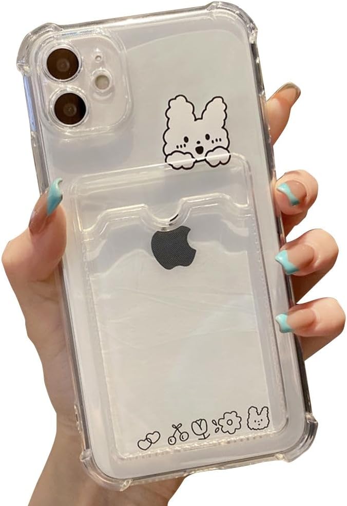 Casechics Funda compatible con iPhone, bonita funda de conejo de dibujos animados Kawaii, transparente, con ranura para tarjetas de crédito,